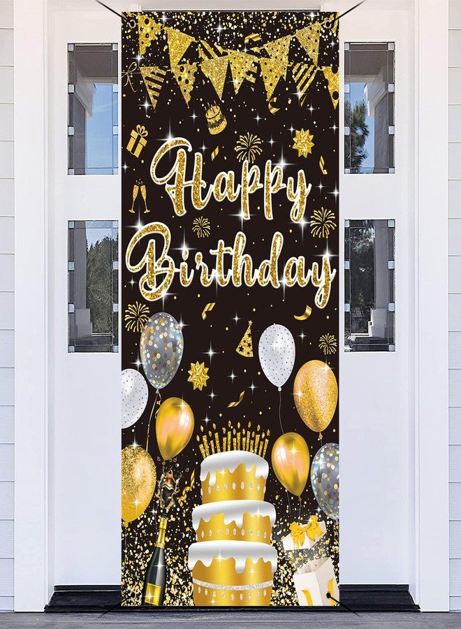 GYA 3x6ft Black Gold Birthday Door Banner Glitter Sequin Happy Birthday Background Cake Balloons Gifts Backdrops Girl Boy Men Women Bday Celebration Party Decor - Image 1